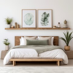 Elegant bedroom design featuring a wooden floating shelf over a white wall, styled with personal trinkets