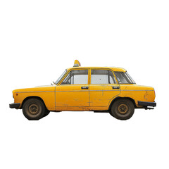 A yellow taxi cab is parked on a white background