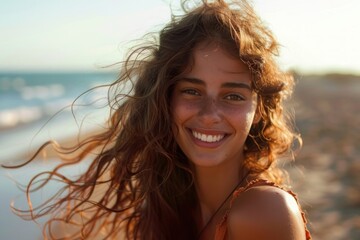 Serene Beachside Moments with Smiling Young Woman