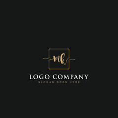 Initials signature letters MK linked inside minimalist luxurious square line box vector logo gold color designs for brand, identity, invitations, hotel, boutique, jewelry, photography or company signs