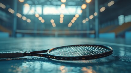 A closeup of Badminton racket, against Court as background, hyperrealistic sports accessory photography, copy space