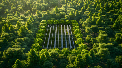 Renewable Energy Integration: Solar Farm Icon Framed by Trees for Environmentally Conscious Concept