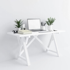 A white desk with a keyboard and a potted plant