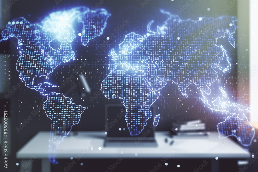 Aufkleber abstract creative world map and modern desktop with computer on background, international trading co