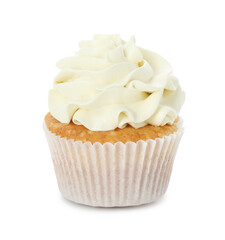 Tasty vanilla cupcake with cream isolated on white