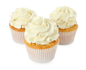 Tasty vanilla cupcakes with cream isolated on white