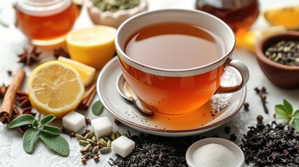 A Cup of Tea Surrounded by Spices and Herbs