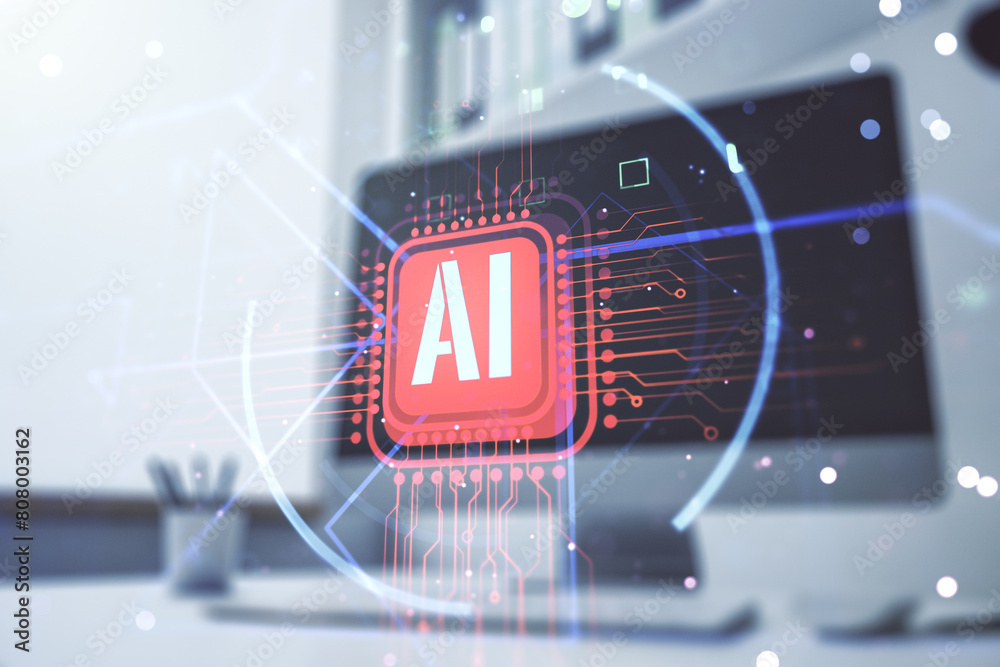 Poster Double exposure of creative artificial Intelligence abbreviation and modern desk with computer on background. Future technology and AI concept