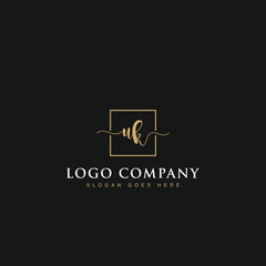 Initials signature letters UK linked inside minimalist luxurious square line box vector logo gold color designs for brand, identity, invitations, hotel, boutique, jewelry, photography or company signs