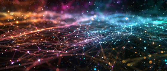 A cosmic dance of digital lines and nodes, glowing in a spectrum of colors across an abstract space.