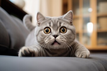 Close-up portrait photography of a smiling scottish fold cat leaping over cozy living room background