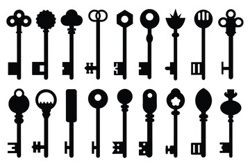Set of Key black Silhouette Design with white Background and Vector Illustration