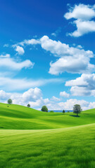 Fototapeta premium Natural background scene of green hills, blue sky, fluffy clouds, copy space
