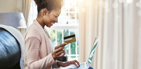 Credit card, laptop and black woman in home in morning for online shopping, internet purchase and payment. Ecommerce, fintech and happy person on computer for website, sales and digital banking