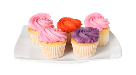 Delicious cupcakes with bright cream isolated on white