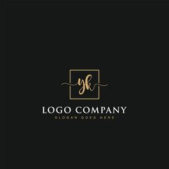 Initials signature letters YK linked inside minimalist luxurious square line box vector logo gold color designs for brand, identity, invitations, hotel, boutique, jewelry, photography or company signs