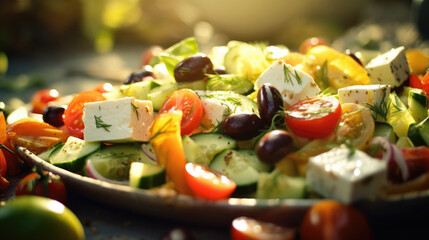 Fresh Mediterranean Greek salad with tomatoes, olives and feta cheese, natural light