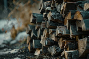 Cinematic view of neatly stacked firewood. Rustic ambiance for cozy fireside. AI generative technology.
