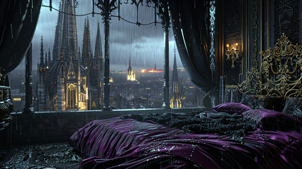 A penthouse bedroom at night, designed with a gothic flair, featuring luxurious velvet bedding in...