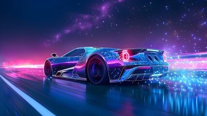 Celestial-Inspired Wireframe of a Sport Car in Blue and Purple Hues. Concept Automotive Design, Celestial Theme, Wireframe Modeling, Blue and Purple Color Palette, Unique Concept
