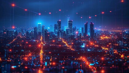 futuristic city skyline with interconnected nodes representing various departments within a company, 