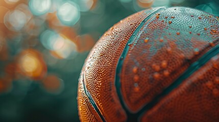 A closeup of Basketball, against Court as background, hyperrealistic sports accessory photography,...