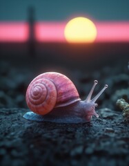 pink snail with a white spiral shell crawls across a textured surface. The sun is setting in the background, and there are two pink bars on the left side.