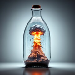 bottle with a cork top contains smoke and fire, resembling an atomic explosion.