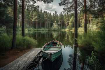 Tranquil Forest Lake with Docked Rowboat at Pier