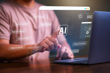 Artificial Intelligence AI concept , Man using laptop and touch an AI program on virtual display.
