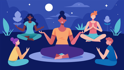 The peaceful energy of quiet disco yoga is palpable as participants engage in a collective practice that empowers and rejuvenates.. Vector illustration