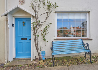 House front with blue features