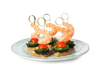 Tasty canapes with shrimps, cucumber, greens and tomatoes isolated on white