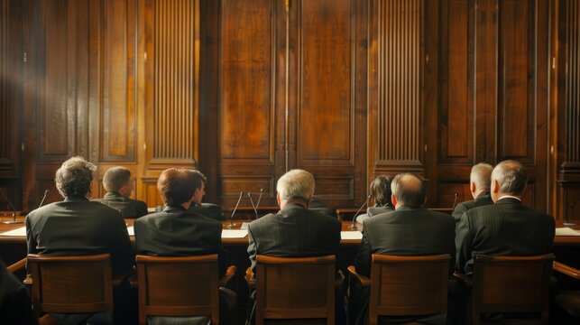 A jury deliberating in a jury room, reaching a verdict in a trial