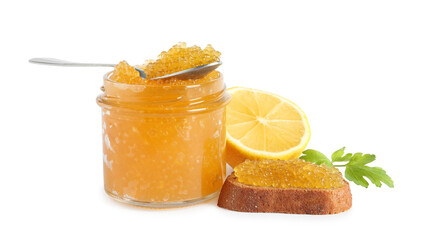 Fresh pike caviar in jar, bread and lemon isolated on white