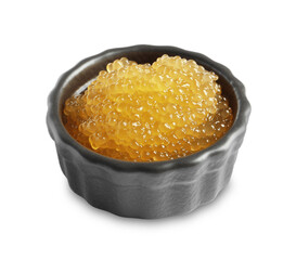 Fresh pike caviar in bowl isolated on white