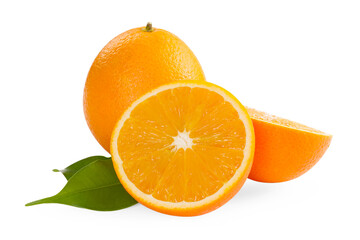 Whole and cut ripe oranges isolated on white