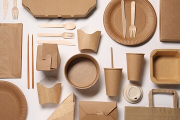 Flat lay composition with eco friendly food packagings on white background