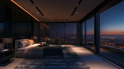 A penthouse bedroom at night, where luxury meets minimalism in a dark, brooding setting.