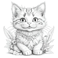 Black and White Drawing of a Kitten, Main Coon, Persian, Mandala with stylized cat for coloring page, tattoo.