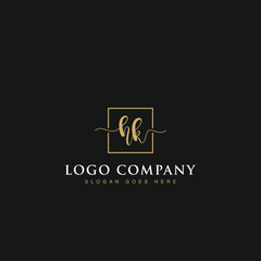Initials signature letters HK linked inside minimalist luxurious square line box vector logo gold color designs for brand, identity, invitations, hotel, boutique, jewelry, photography or company signs