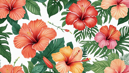 vibrant hibiscus flowers in tropical paradise in watercolor style isolated on a transparent background for design layouts