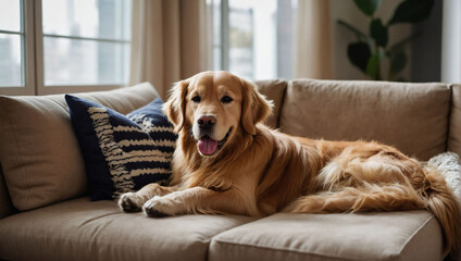 Sofa Buddy, Golden Retriever Relaxes on Cozy Couch in Contemporary Living Room