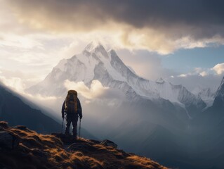 Fototapeta premium Solo Hiker Looking at Mountain at Sunset