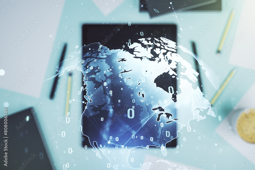 Aufkleber multi exposure of abstract programming language hologram with world map and modern digital tablet on