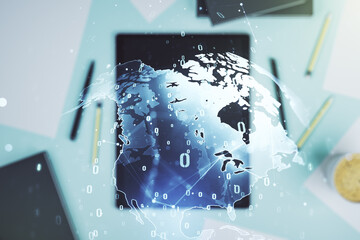 Multi exposure of abstract programming language hologram with world map and modern digital tablet...