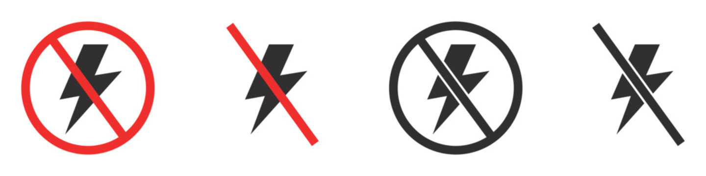 Set of no electricity signs. No lightning symbol, ban. Blackout icons, power outage, bright warning. Vector. EPS10.