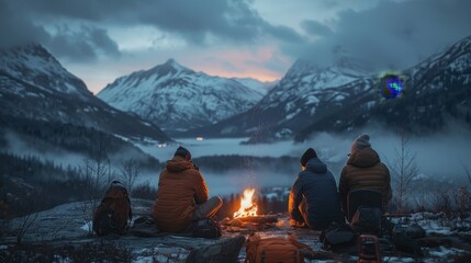 Group of friends warming up around a campfire with snowy mountains in the background at dusk - Powered by Adobe