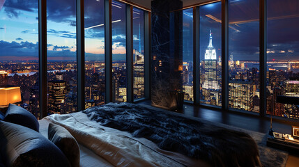 A penthouse bedroom at the pinnacle of urban sophistication, featuring a wall-to-wall, floor-to-ceiling glass window that offers an unobstructed view of the city's nocturnal majesty. 