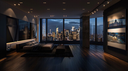 A penthouse bedroom enveloped in darkness, with a large window framing the illuminated city...